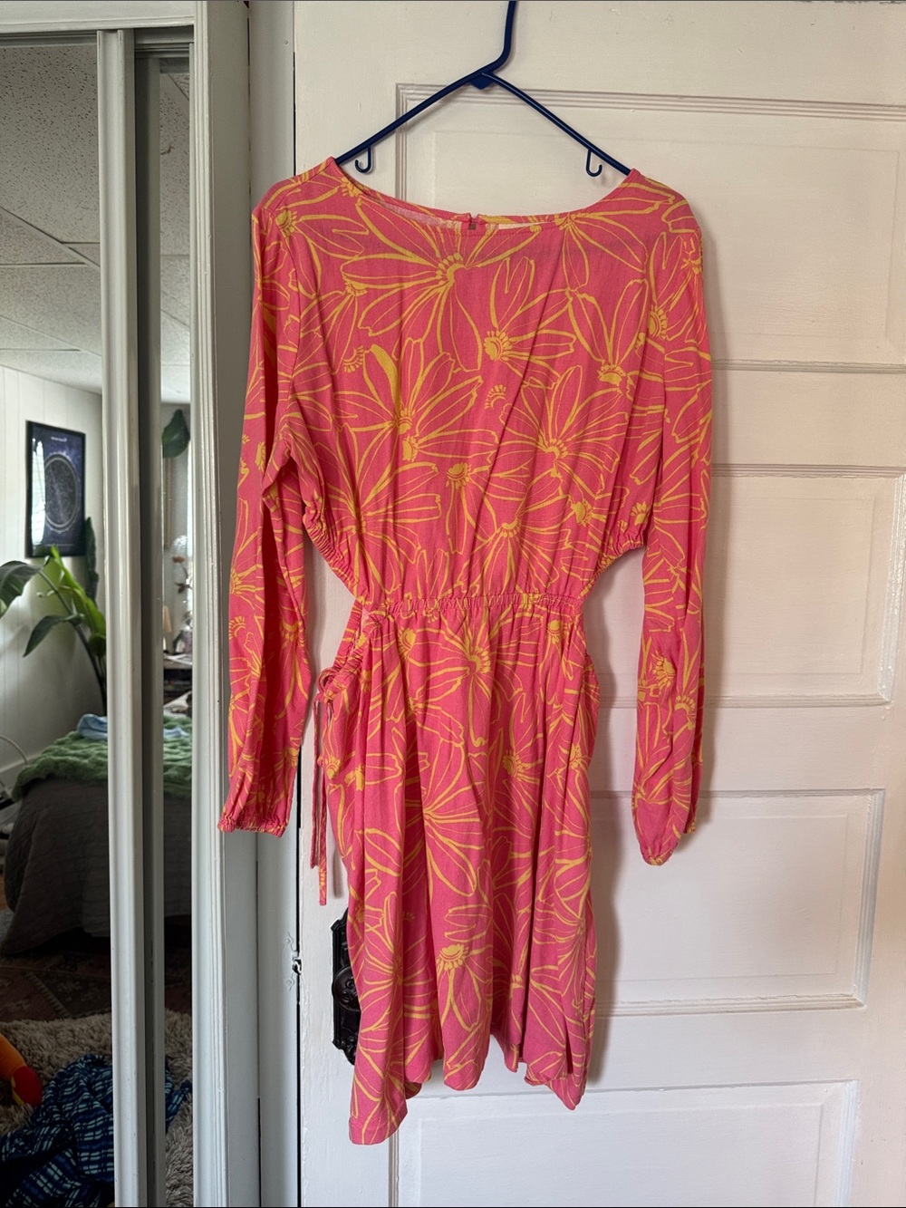 Pink Floral Long-Sleeve Drawstring Waist Dress (OPEN SIDES)